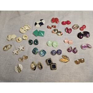 Vintage Enamel Clip-on Earring Lot 28 Pairs Colorful Red Green Gold Purple